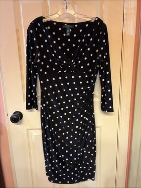 Sz 4 Lauren Ralph Lauren Black and White Polka Dot Wrap-Style Midi Dress